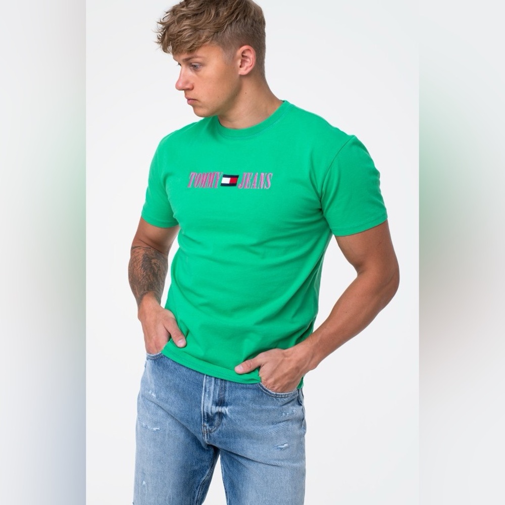 Vintage Tommy Jeans Green Embroidered Logo T-Shirt Men’s Size S | 100% Cotton